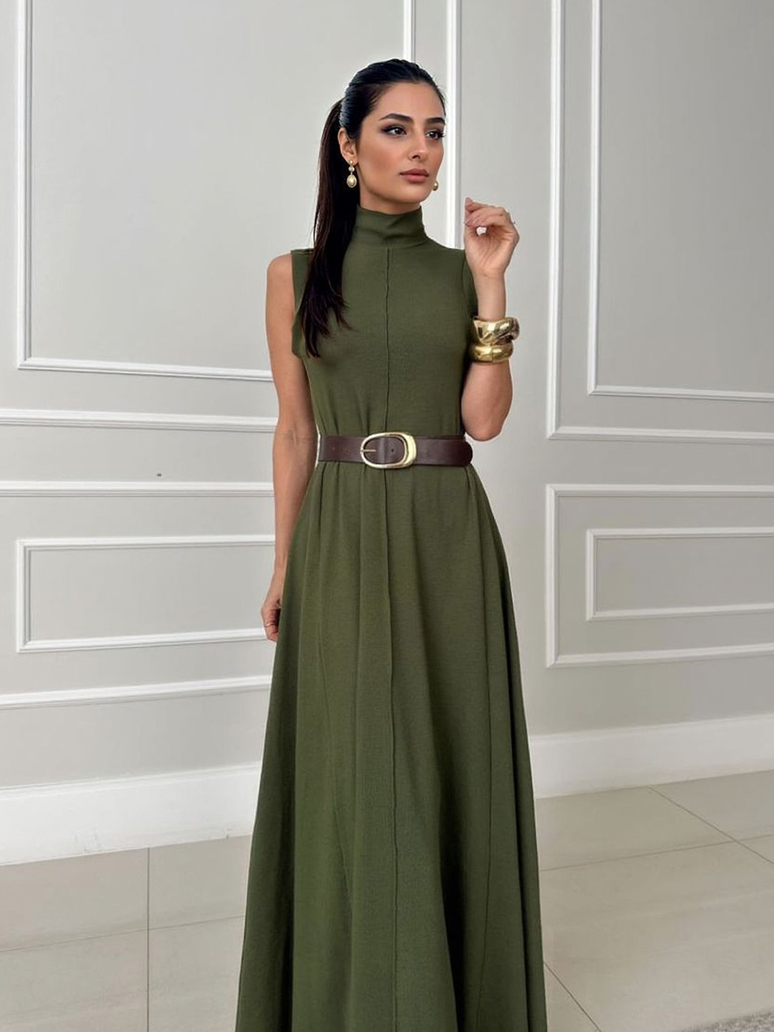 Elegant Sleeveless High-Neck Belted Maxi Dress