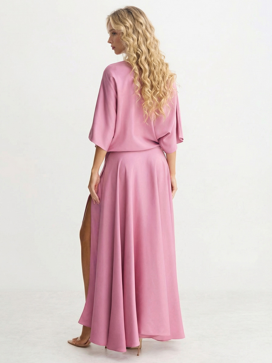 Elegant Satin Flowing Wrap Midi Dress