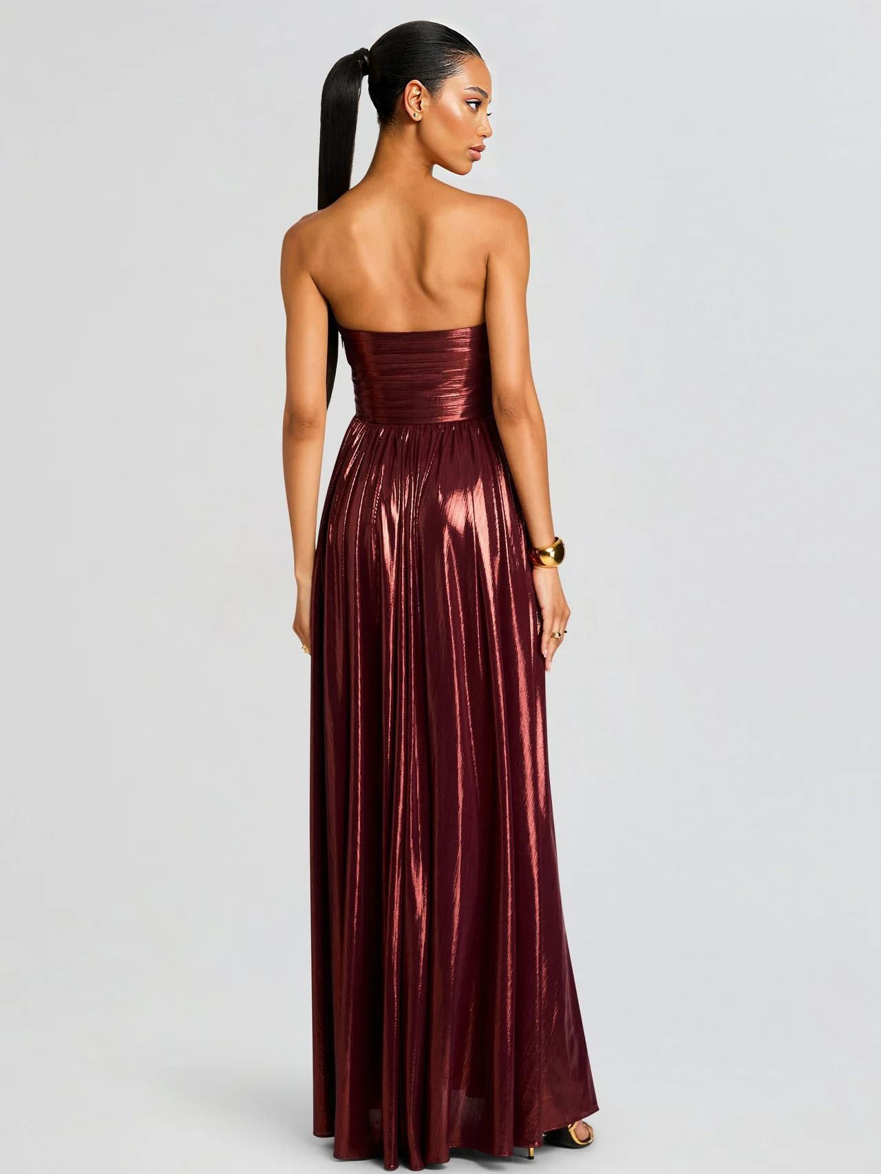 Elegant Strapless Metallic Pleated Floor-length Maxi Dress