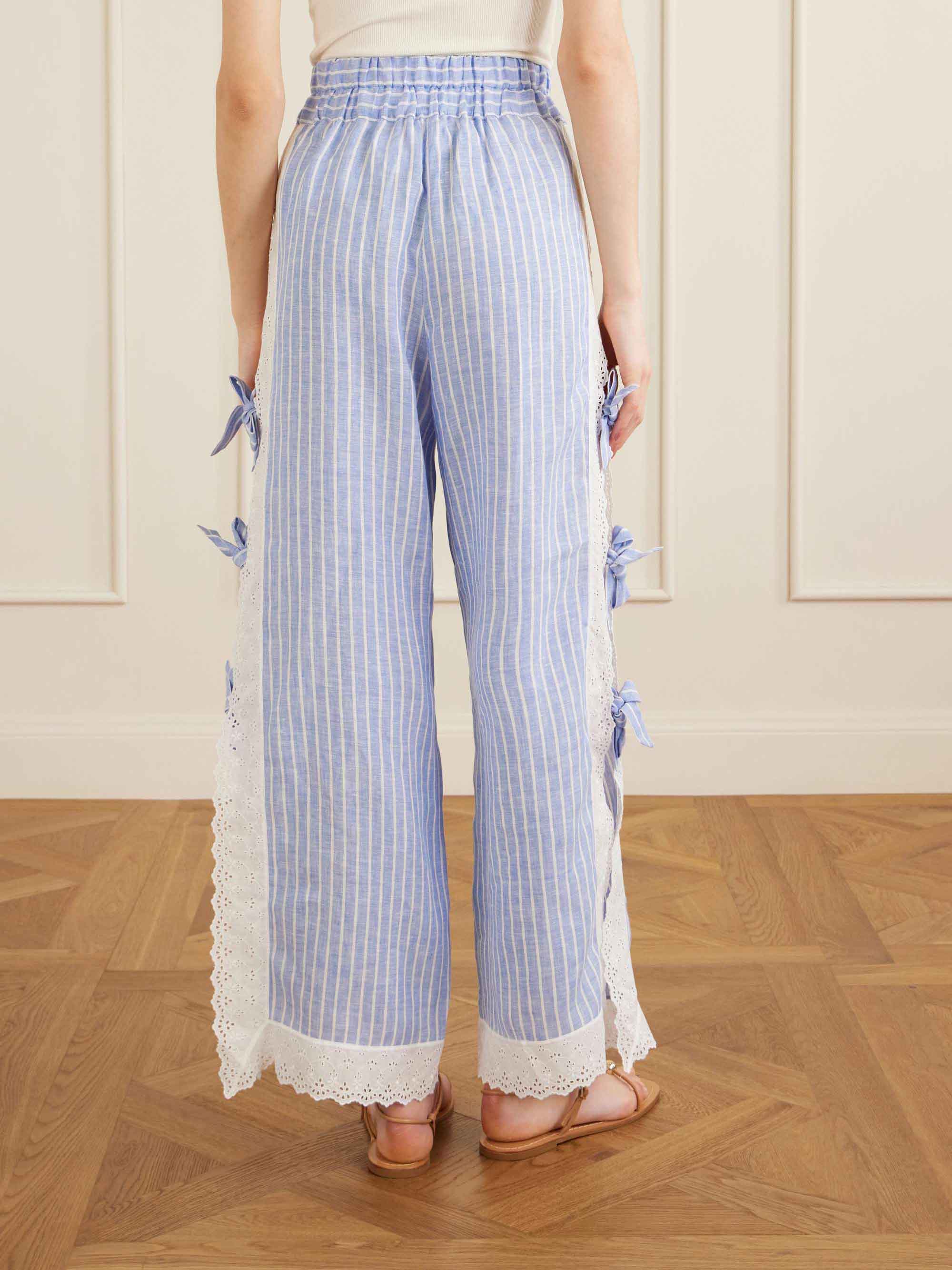 Striped Lace Trim Camisole & Wide-Leg Pants Pajama Set