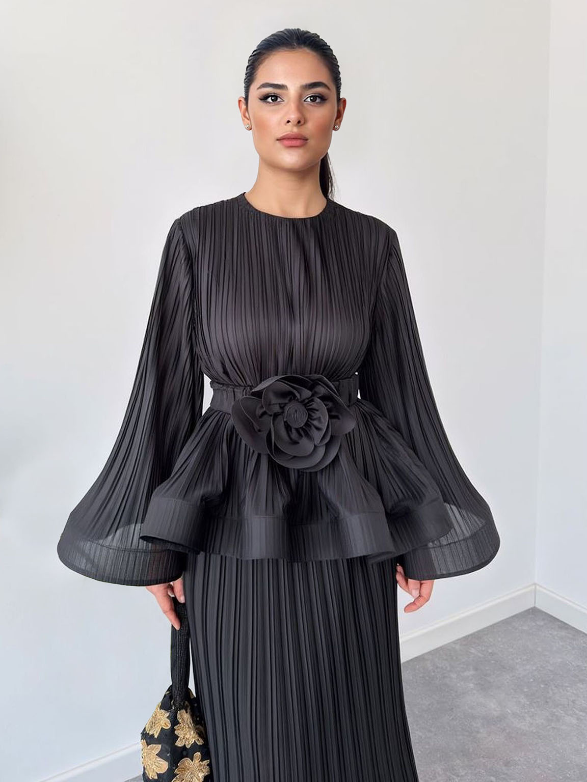 Elegant Pleated Bell Sleeve Top & Maxi Skirt Two-Piece Set