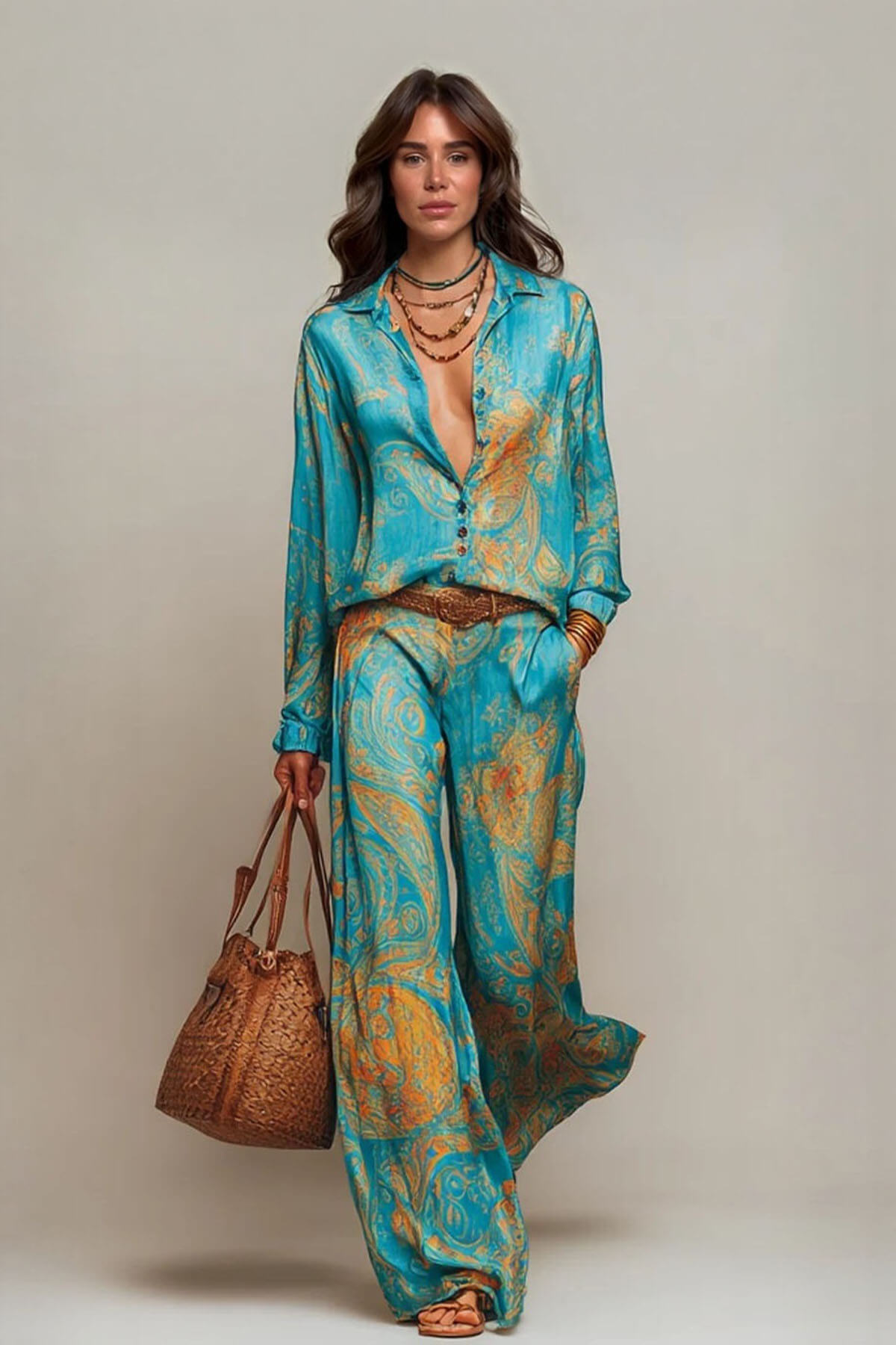 Unique Floral Print Button-Up Shirt and Elastic Waist Wide-Leg Pants Set