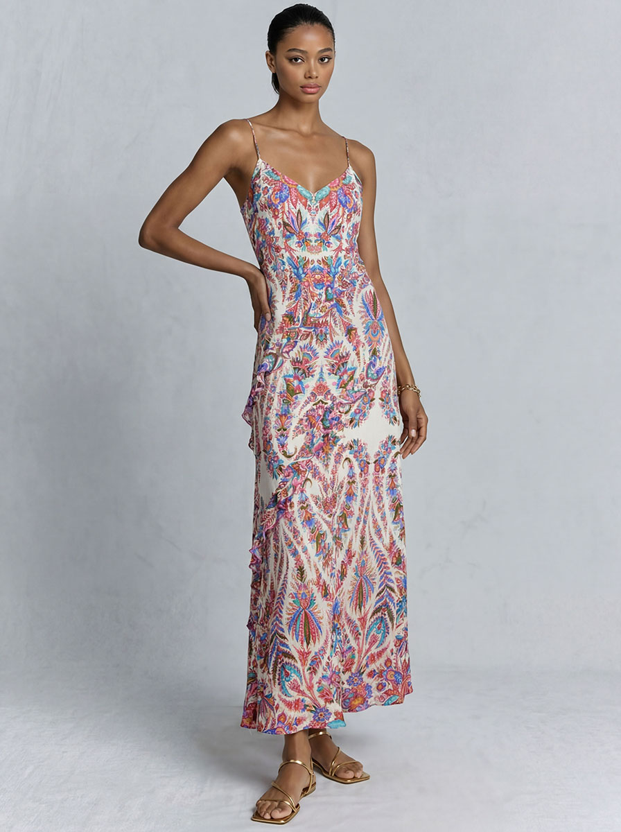 Elegant Paisley Print Ruffled Slip Maxi Dress