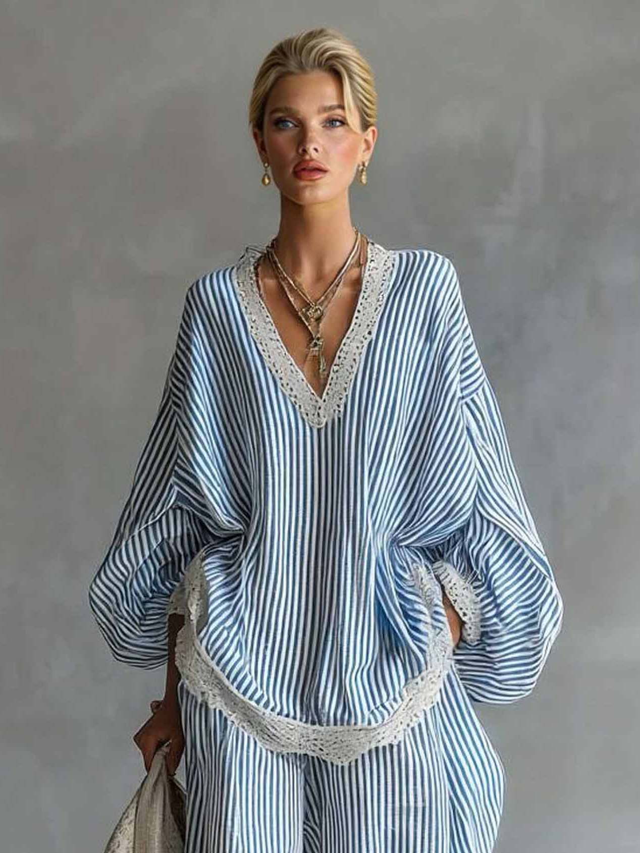 Casual Striped Batwing Sleeve Top & Drawstring Jogger Pants Two-Piece Set