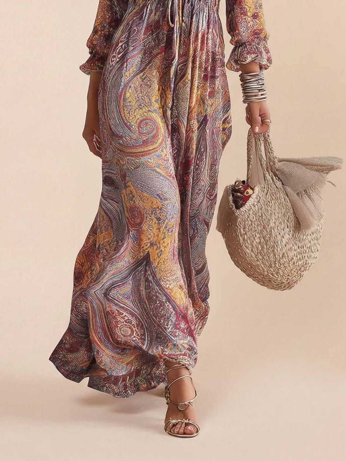 Retro Multicolor Swirl Print Flowy Maxi Dress