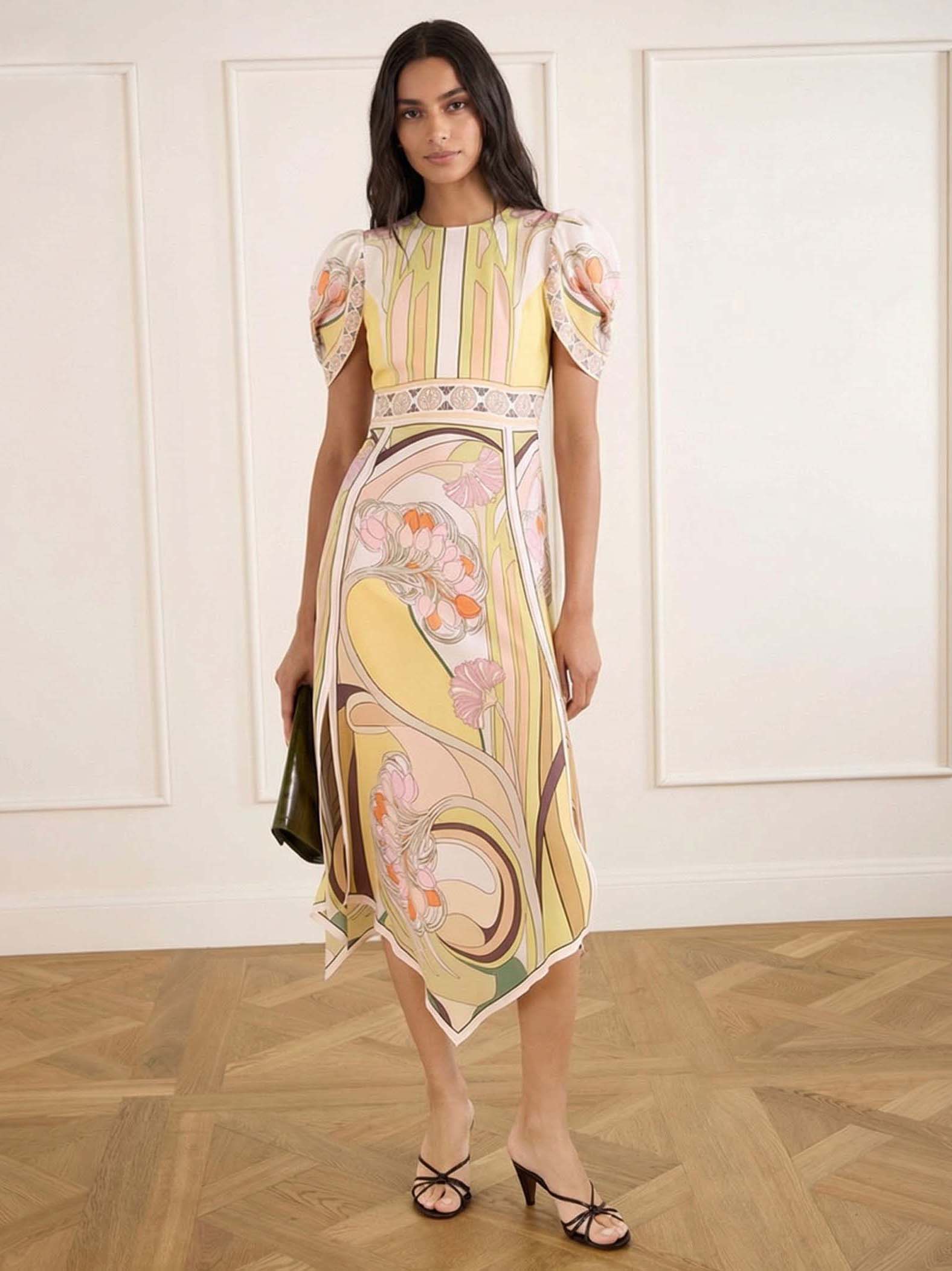 Elegant Vintage Floral Print Puff Sleeve Asymmetric Hem Midi Dress