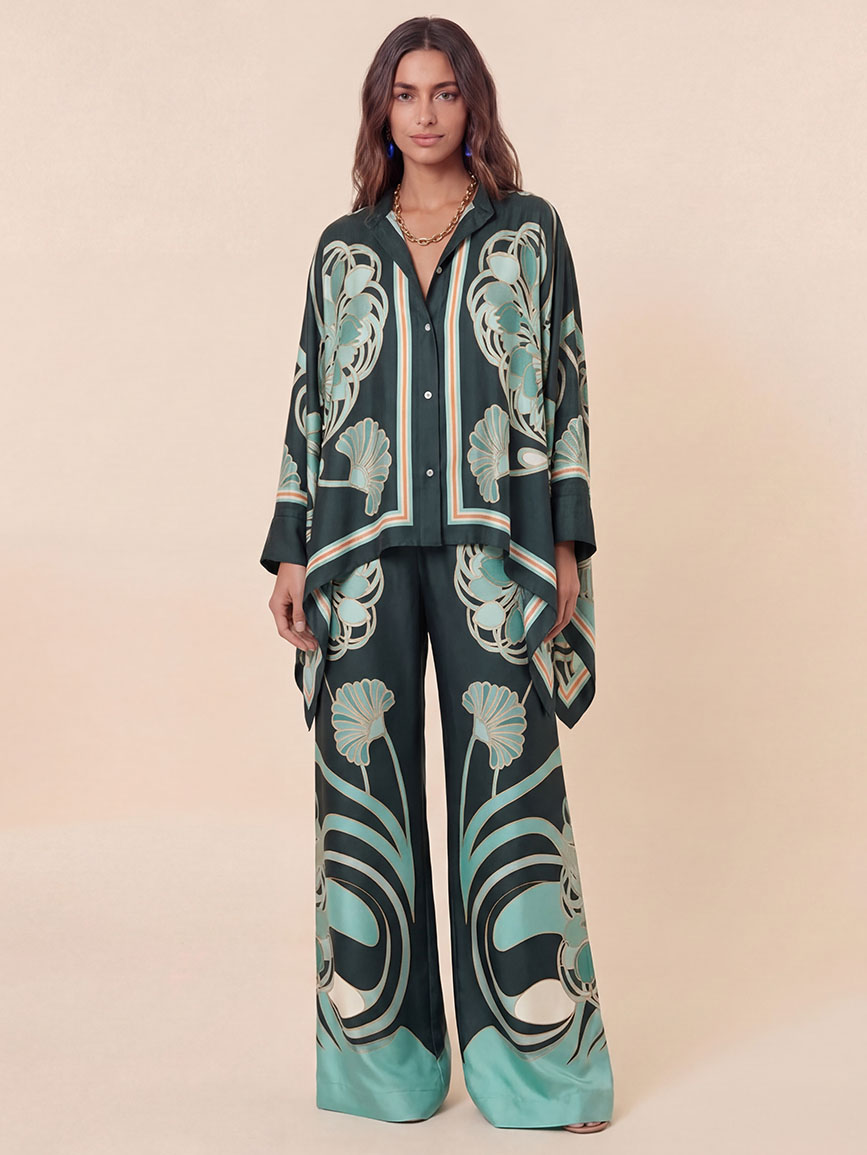 Elegant Abstract Print Satin Shirt & Wide Leg Pants Set
