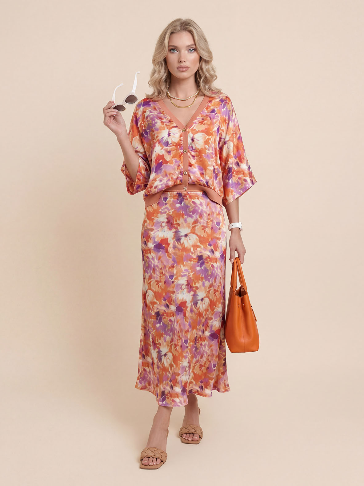 Exquisite Floral Print Satin Two-Piece Set