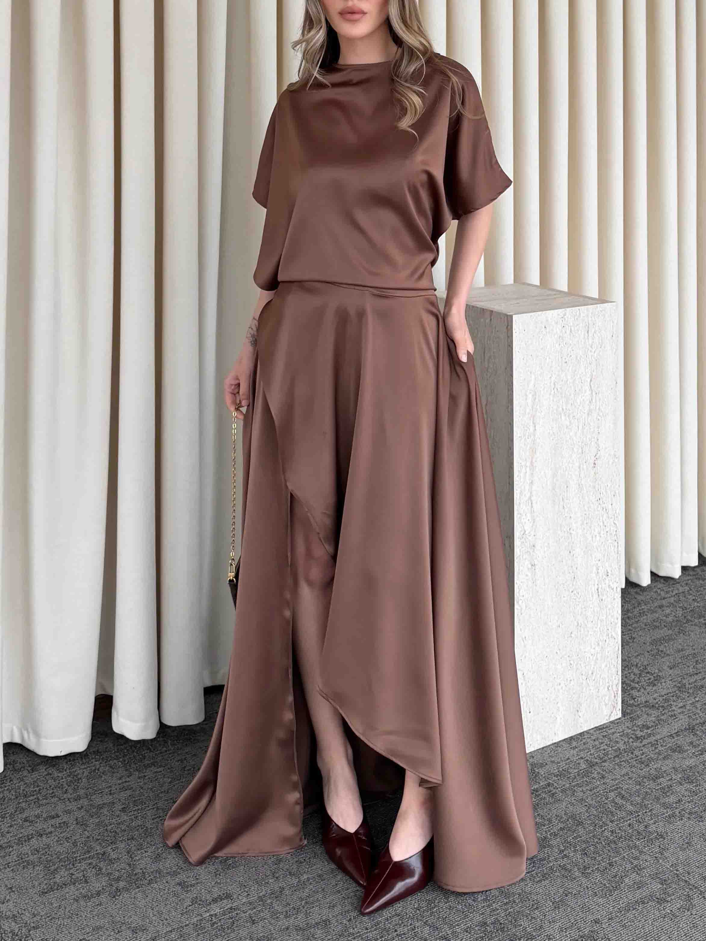 Elegant Satin Flowing Wrap Midi Dress