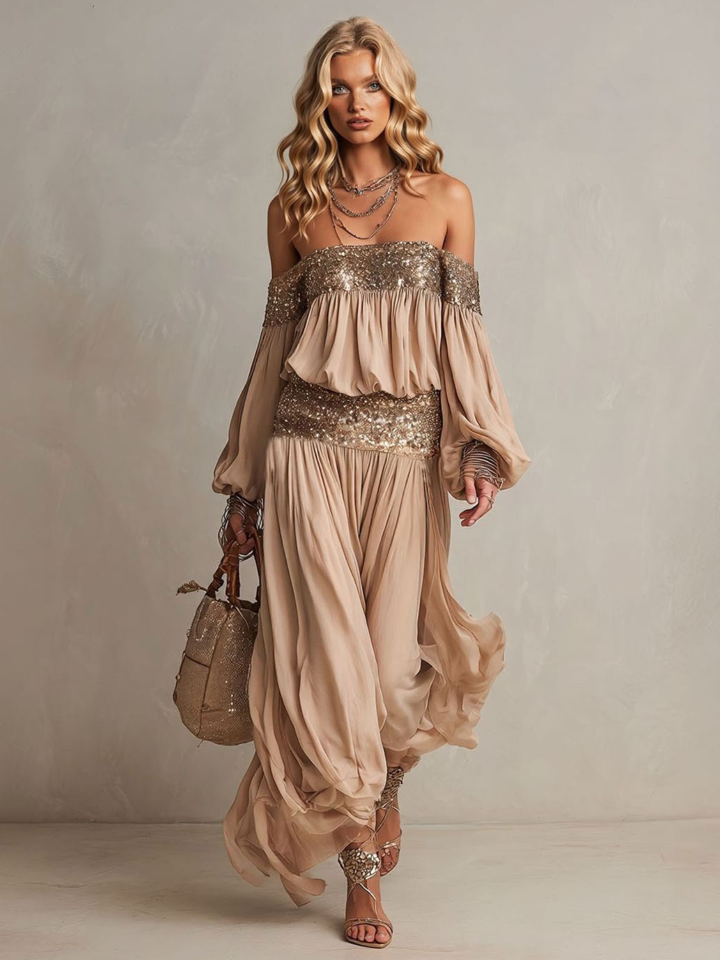 Elegant Off-Shoulder Sequin Embellished Flowy Maxi Dress Two-Piece Set