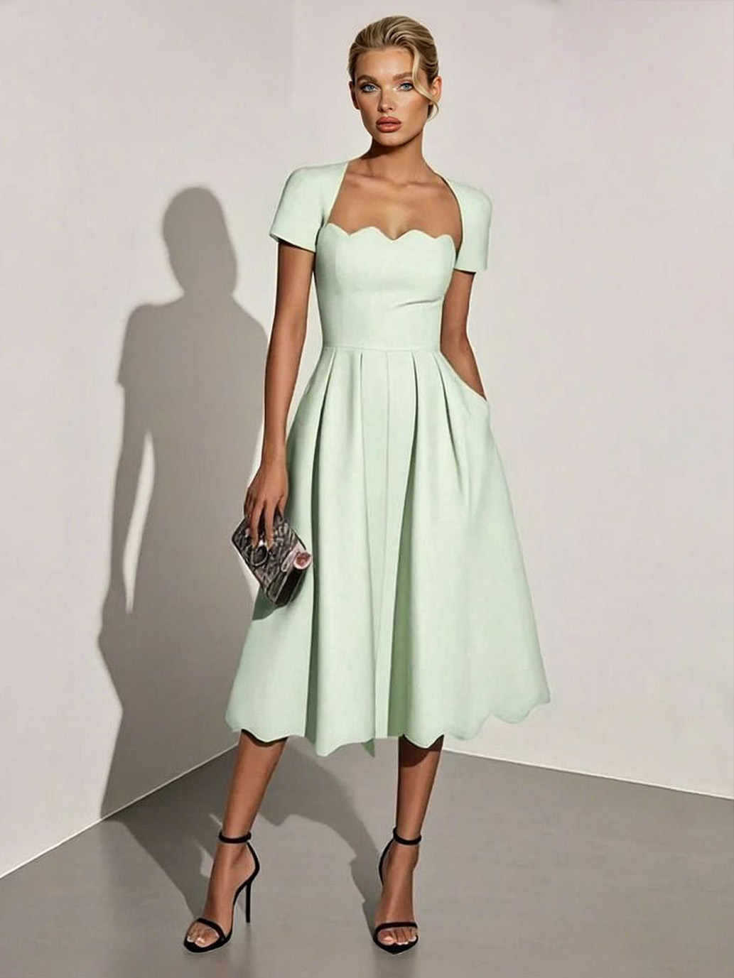 Elegant Wavy Hem A-Line Midi Dress