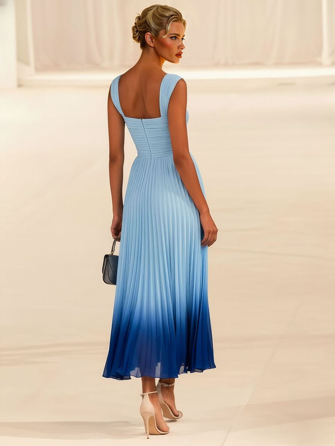 Elegant Gradient Pleated Square Neck A-Line Midi Dress