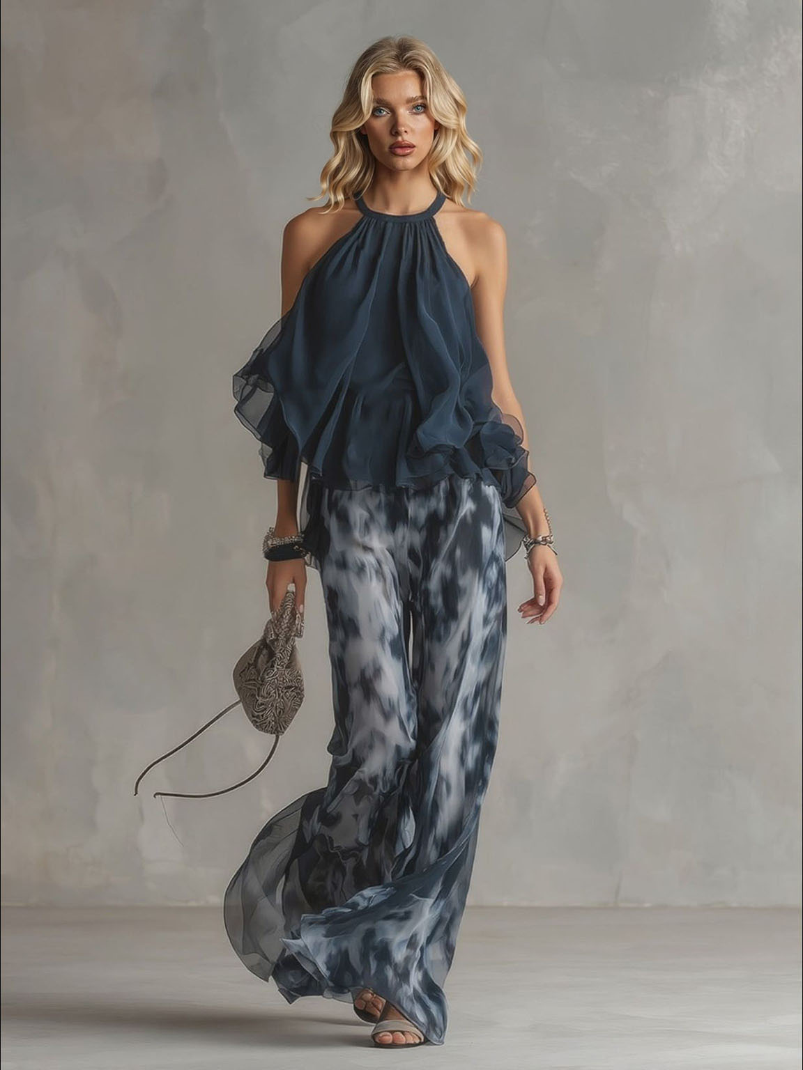 Elegant Halter Ruffle Chiffon Top & Abstract Print Wide-Leg Pants Two-Piece Set