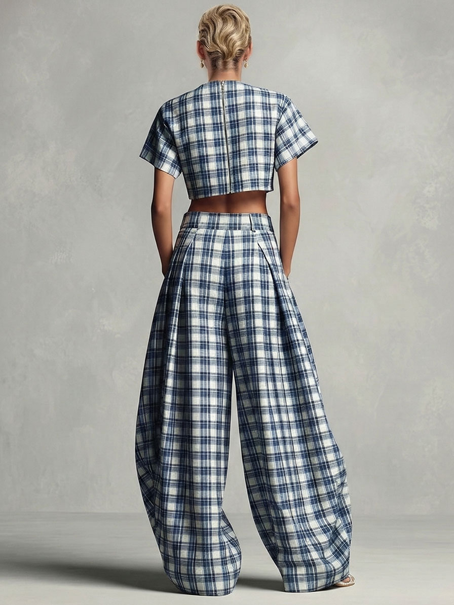 Retro Plaid Cropped Top & Shorts Two-Piece Set