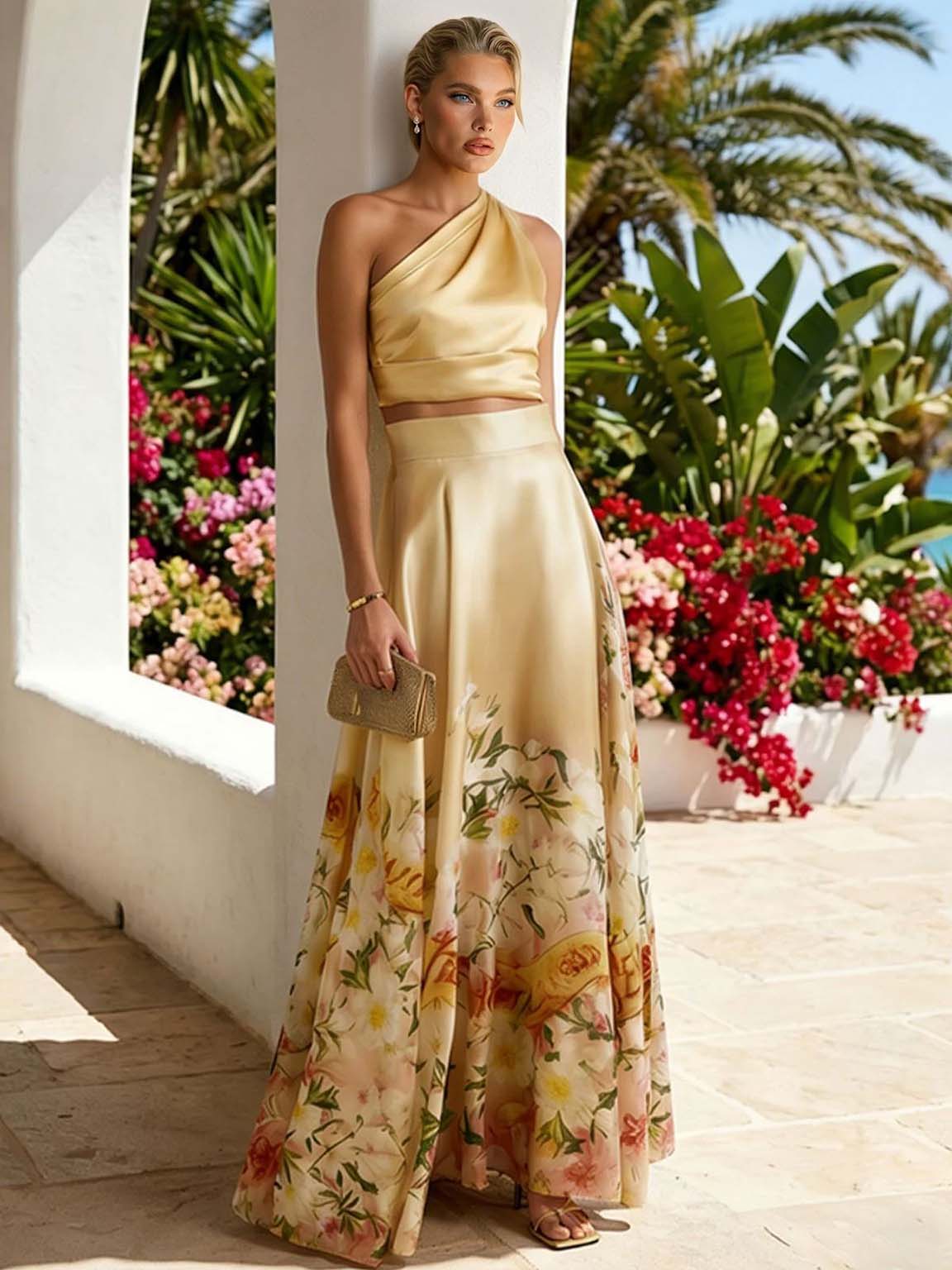 Elegant One-Shoulder Satin Crop Top & Floral Print Maxi Skirt Set