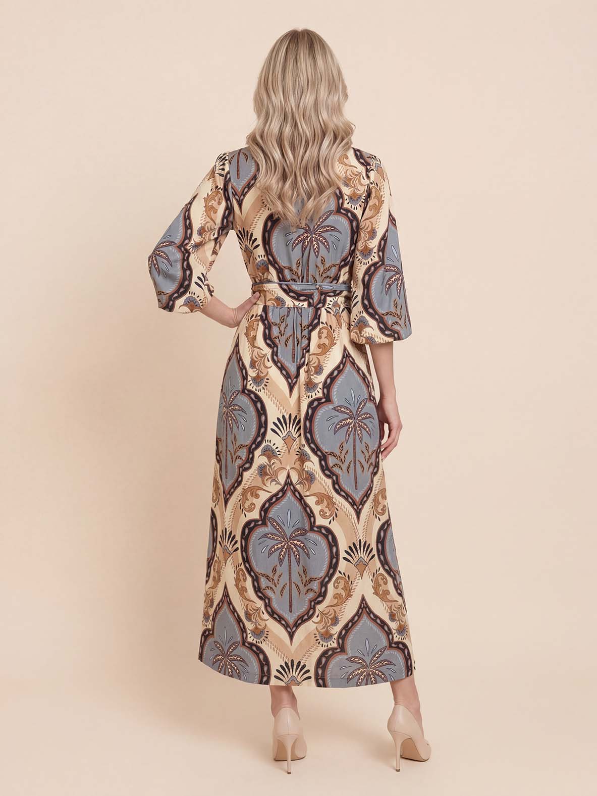 Elegant Vintage Palm Print Belted Maxi Dress