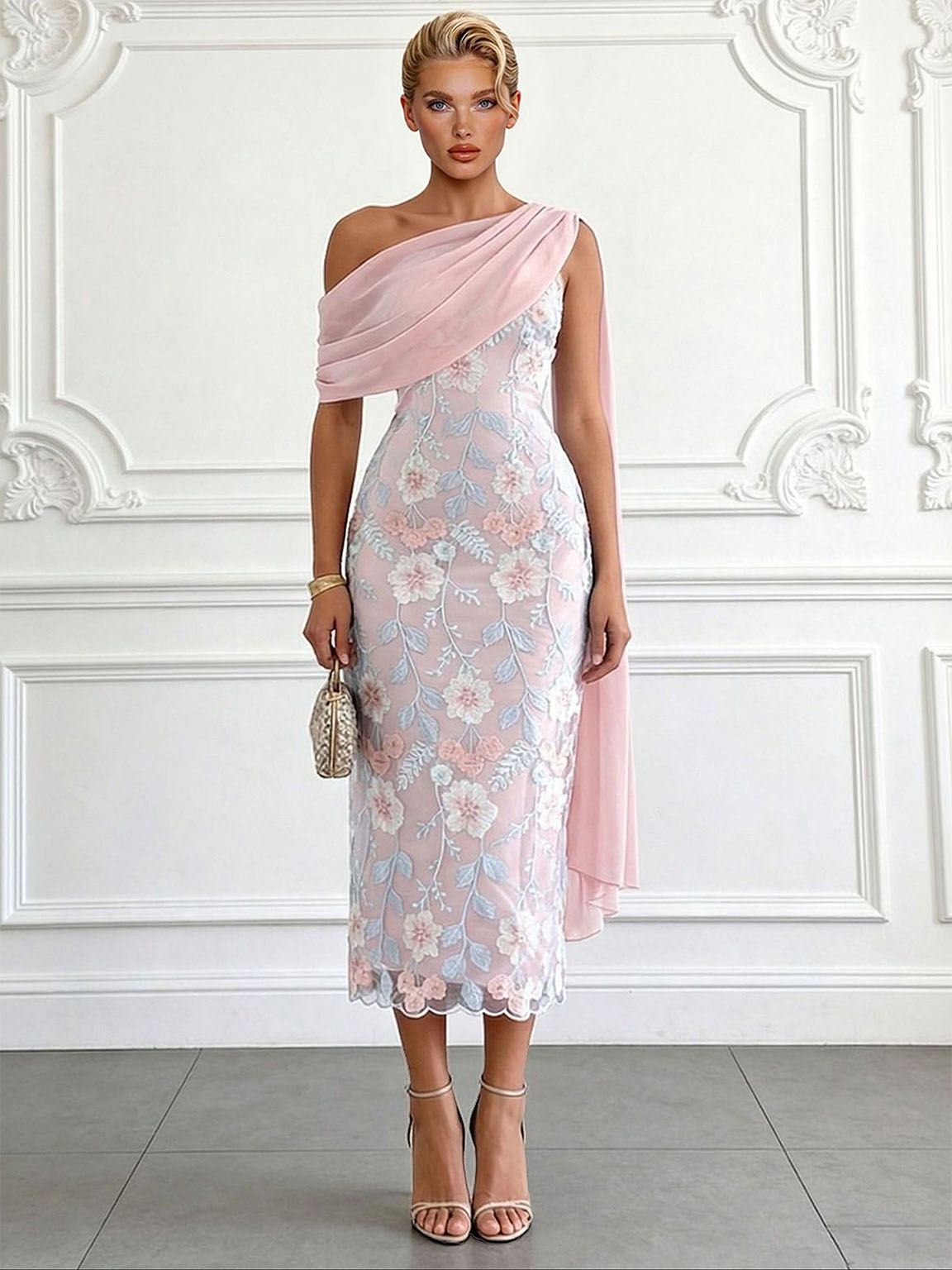 Elegant One-Shoulder Embroidered Lace Draped Midi Dress