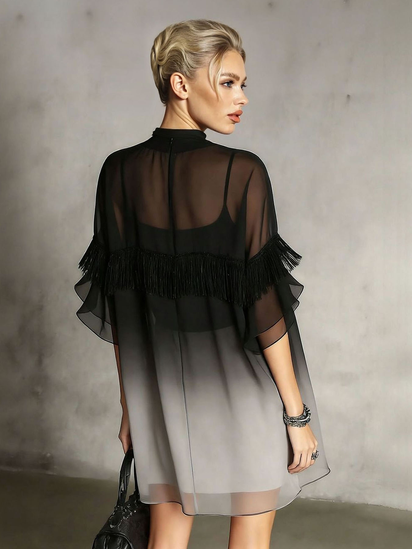 Exquisite Gradient Tassel Trim Chiffon Mini Dress