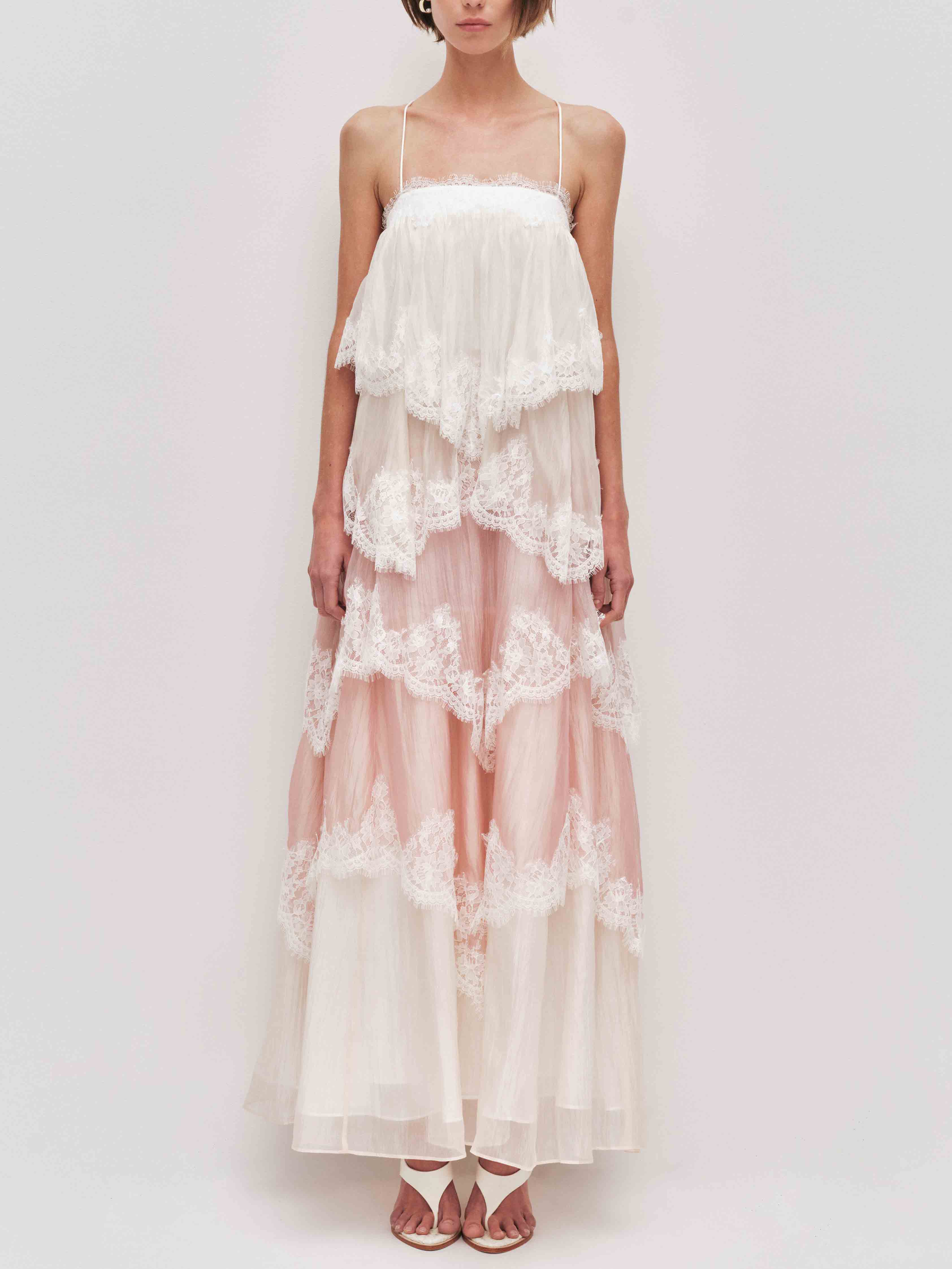 Ombre Tiered Lace Trim Spaghetti Strap Maxi Dress