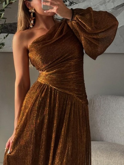 Elegant One-Shoulder Metallic Long Sleeve Evening Maxi Dress