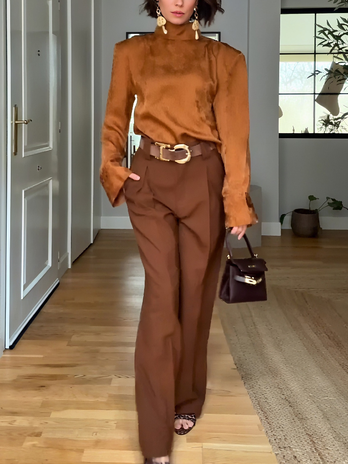 Elegant Satin High-Neck Blouse & Pants Two-Piece Set