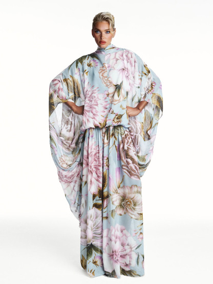 Exquisite Watercolor Floral Print Draped Chiffon Maxi Dress