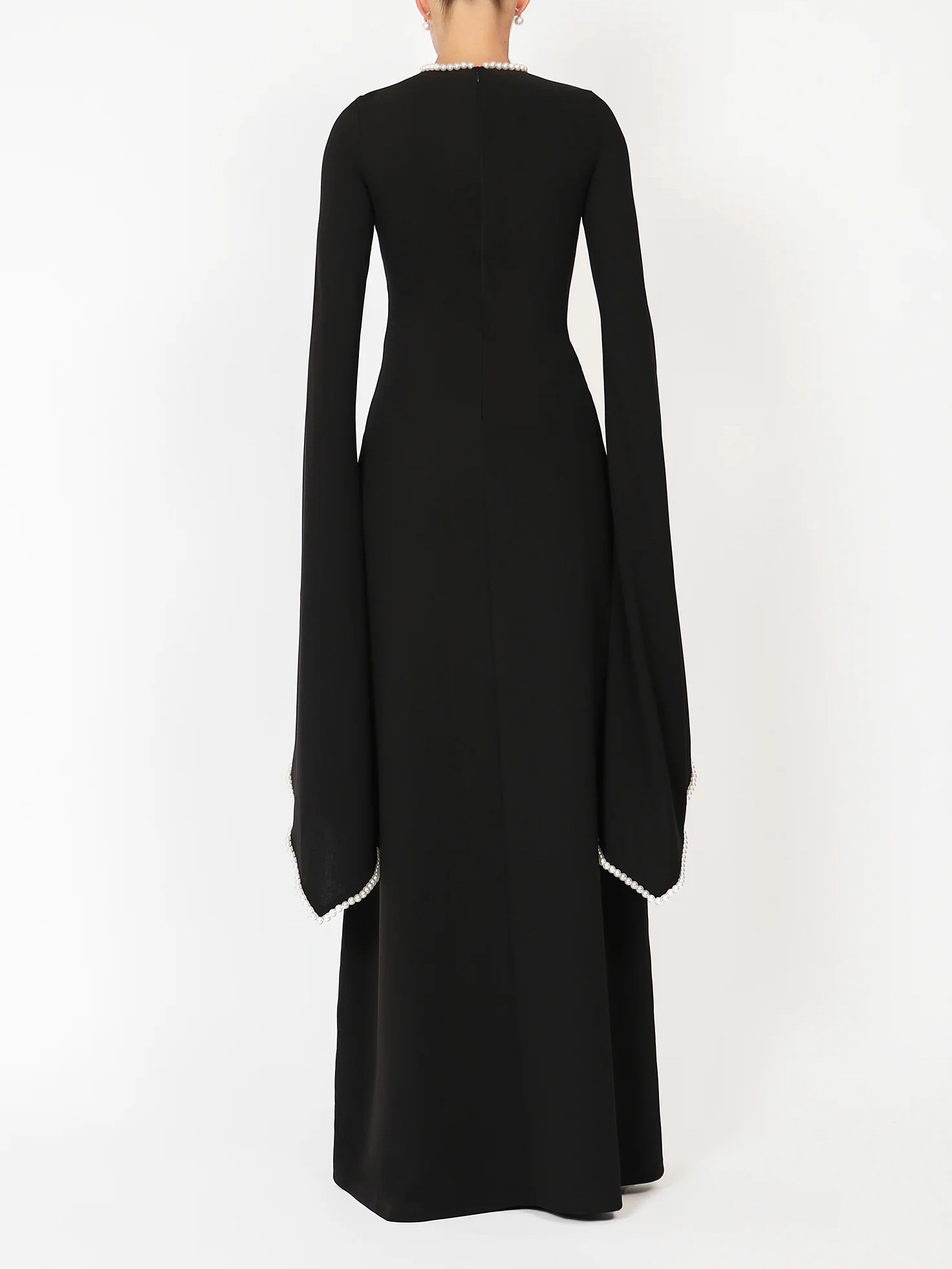Elegant Pearl-trimmed Flared-sleeve Maxi Dress