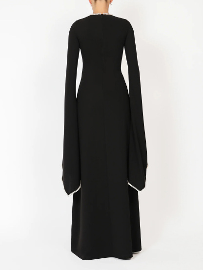 Elegant Pearl-trimmed Flared-sleeve Maxi Dress
