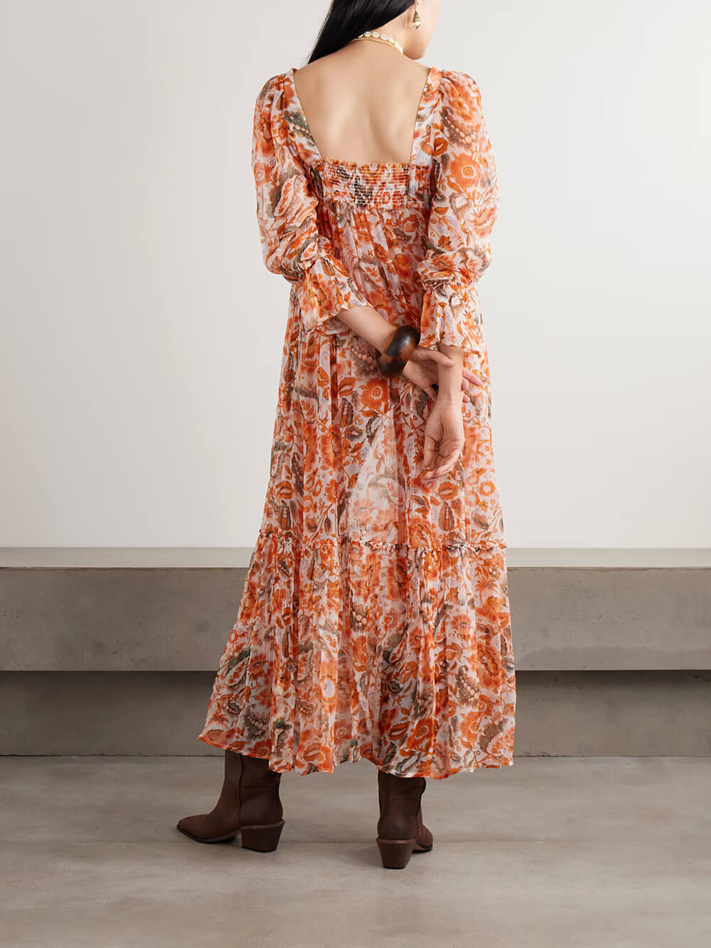 Elegant Casual Floral Ruched Ruffle Chiffon Midi Dress