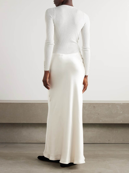 Elegant Contrast-Lace Ribbed Top And Satin Maxi Dress