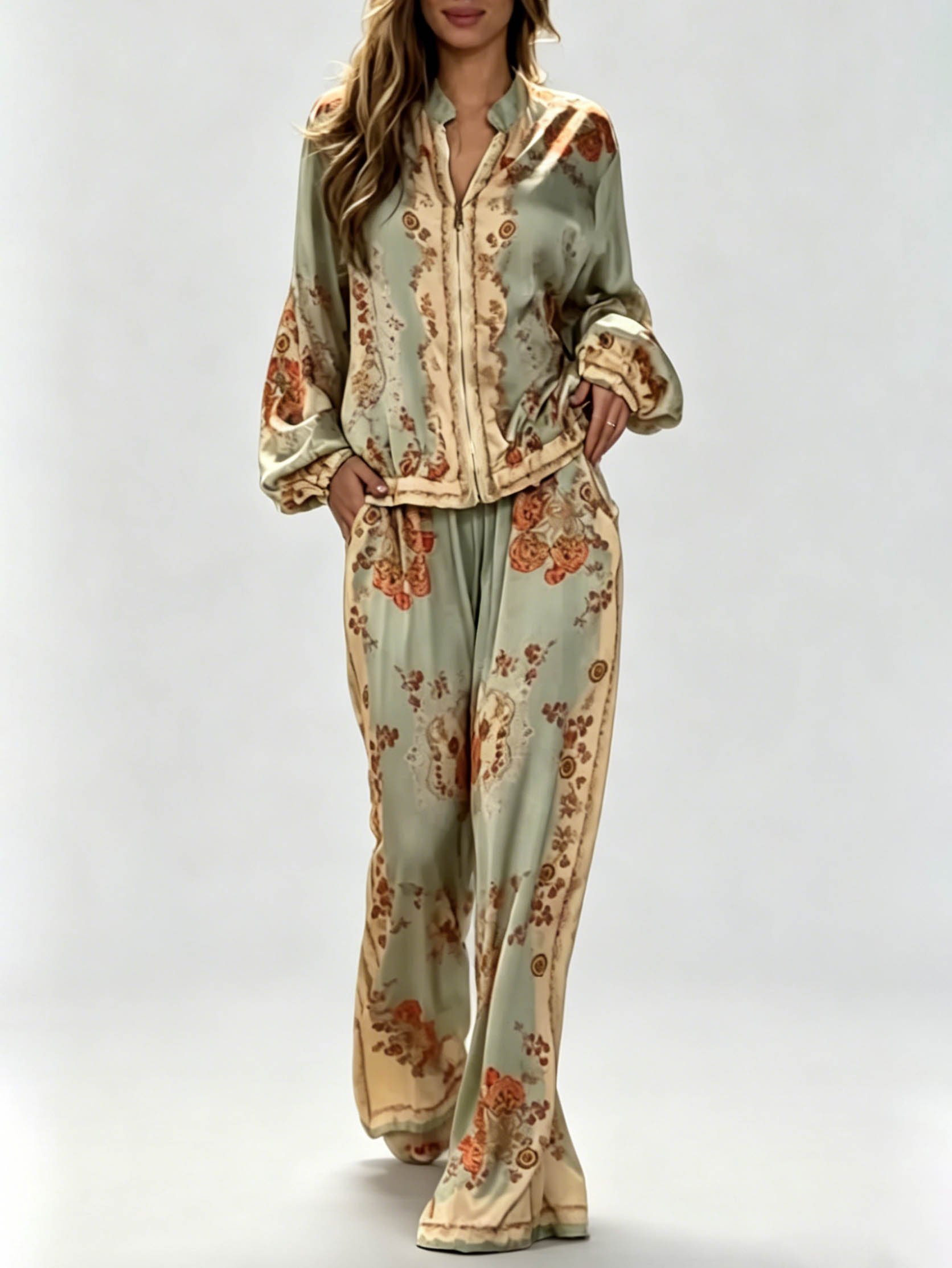 Retro Paisley Print Satin Two-Piece Set