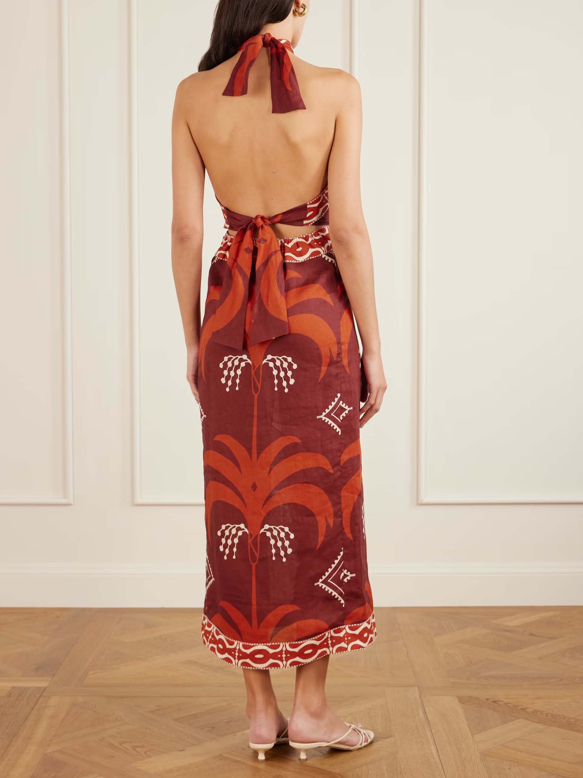 Retro Paulownia Palm Print Maxi Dress
