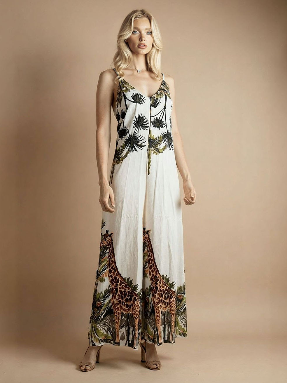 Tropical Giraffe Palm Tree Print Sleeveless High-Waist Jumpsuit
