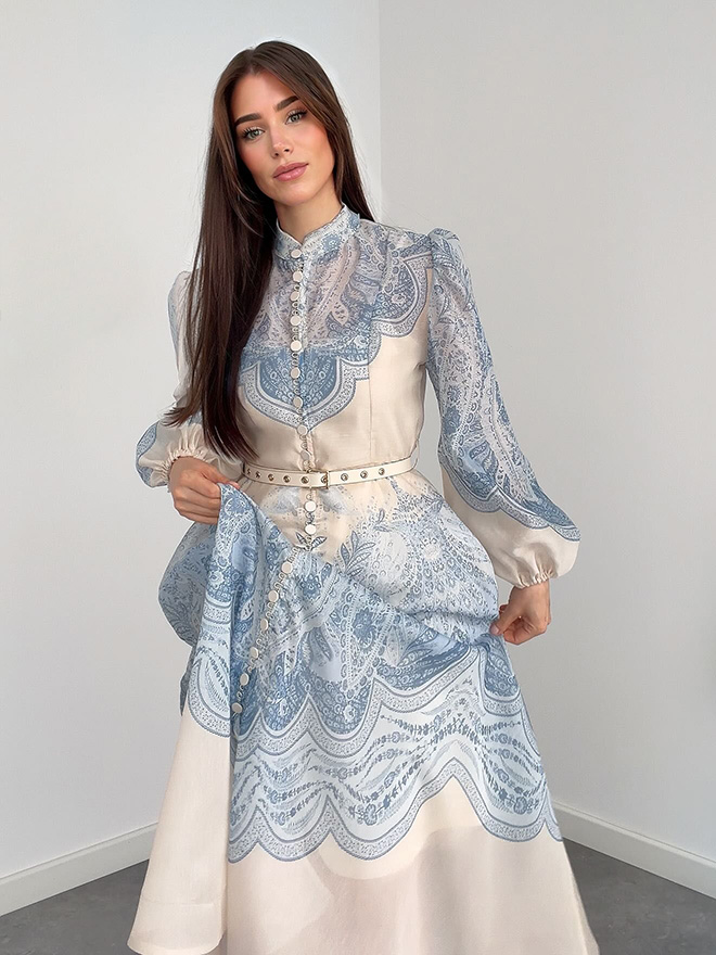 Exquisite Paisley Print Shirt A-Line Maxi Dress