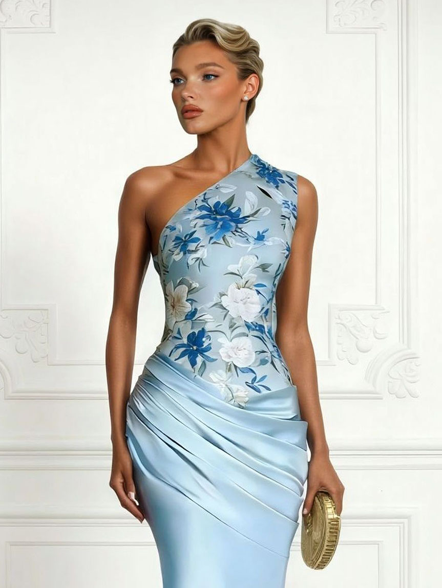 Elegant One-Shoulder Draped Satin Floral Maxi Dress