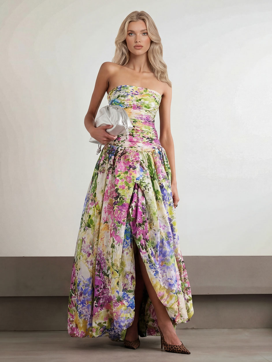 Elegant Strapless Floral Print High-Low Maxi Dress