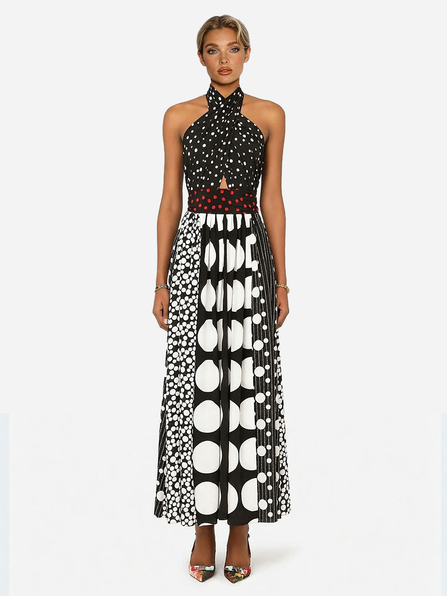 Retro Black & White Polka Dot Backless Maxi Dress