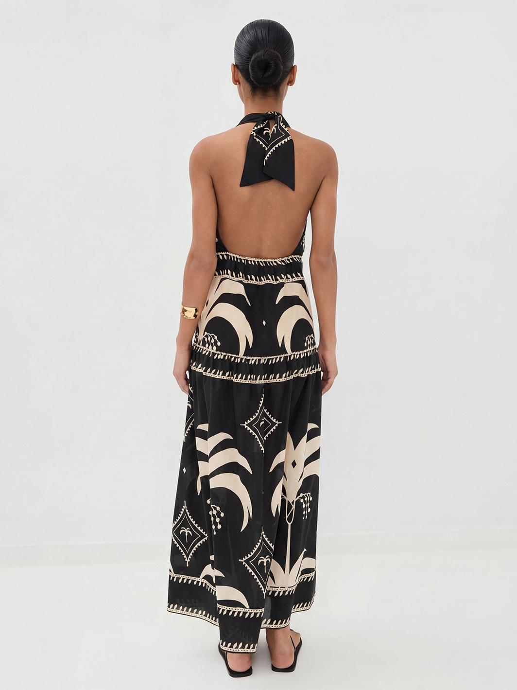Retro Palm Leaf Print Halter Neck Maxi Dress