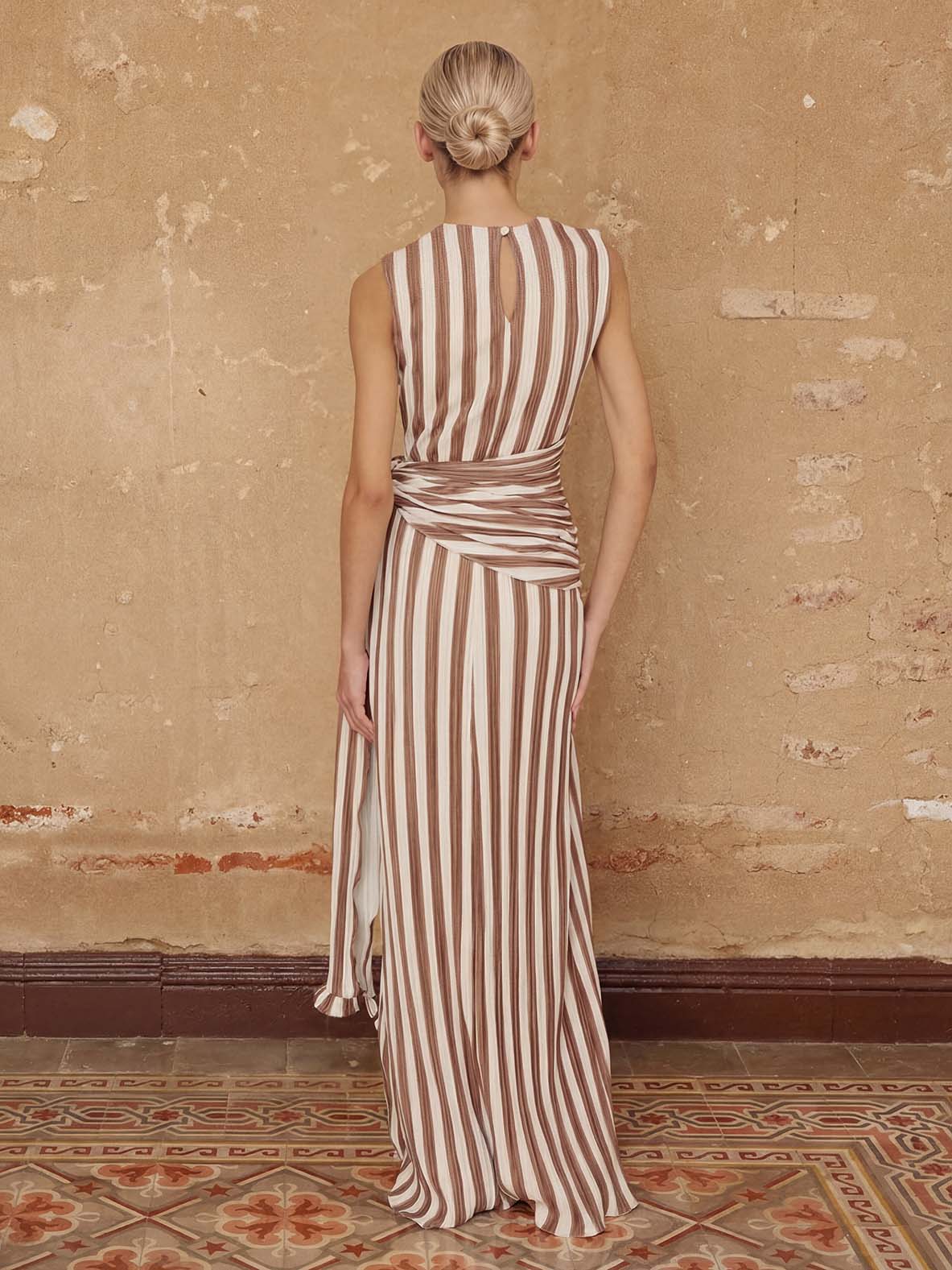 Elegant Striped Sleeveless Tie-Waist Maxi Dress