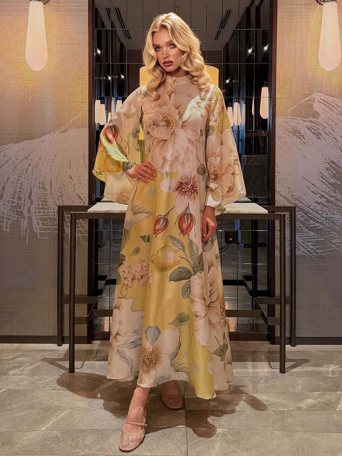 Elegant Floral Print Bell Sleeve Maxi Dress