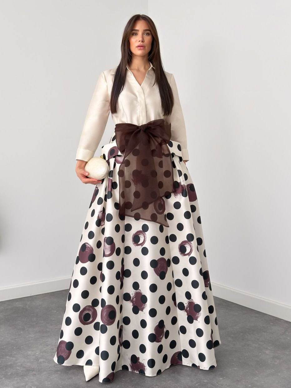 Elegant Polka Dot Print Tie-Waist Maxi Dress