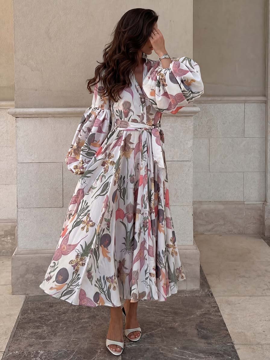 Elegant Botanical Floral Print Midi Dress