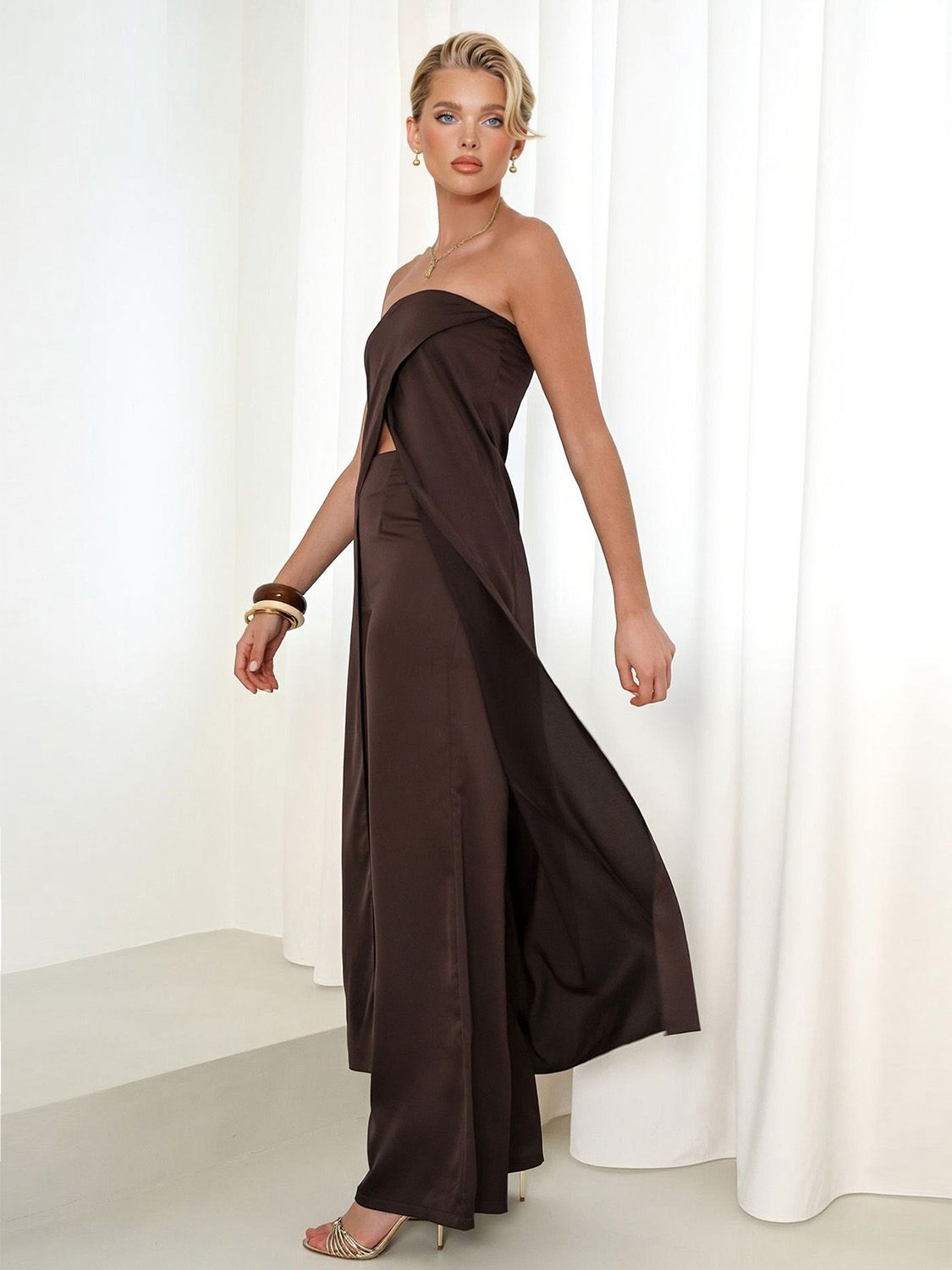 Elegant Strapless Satin Top & Pants Two-Piece Set