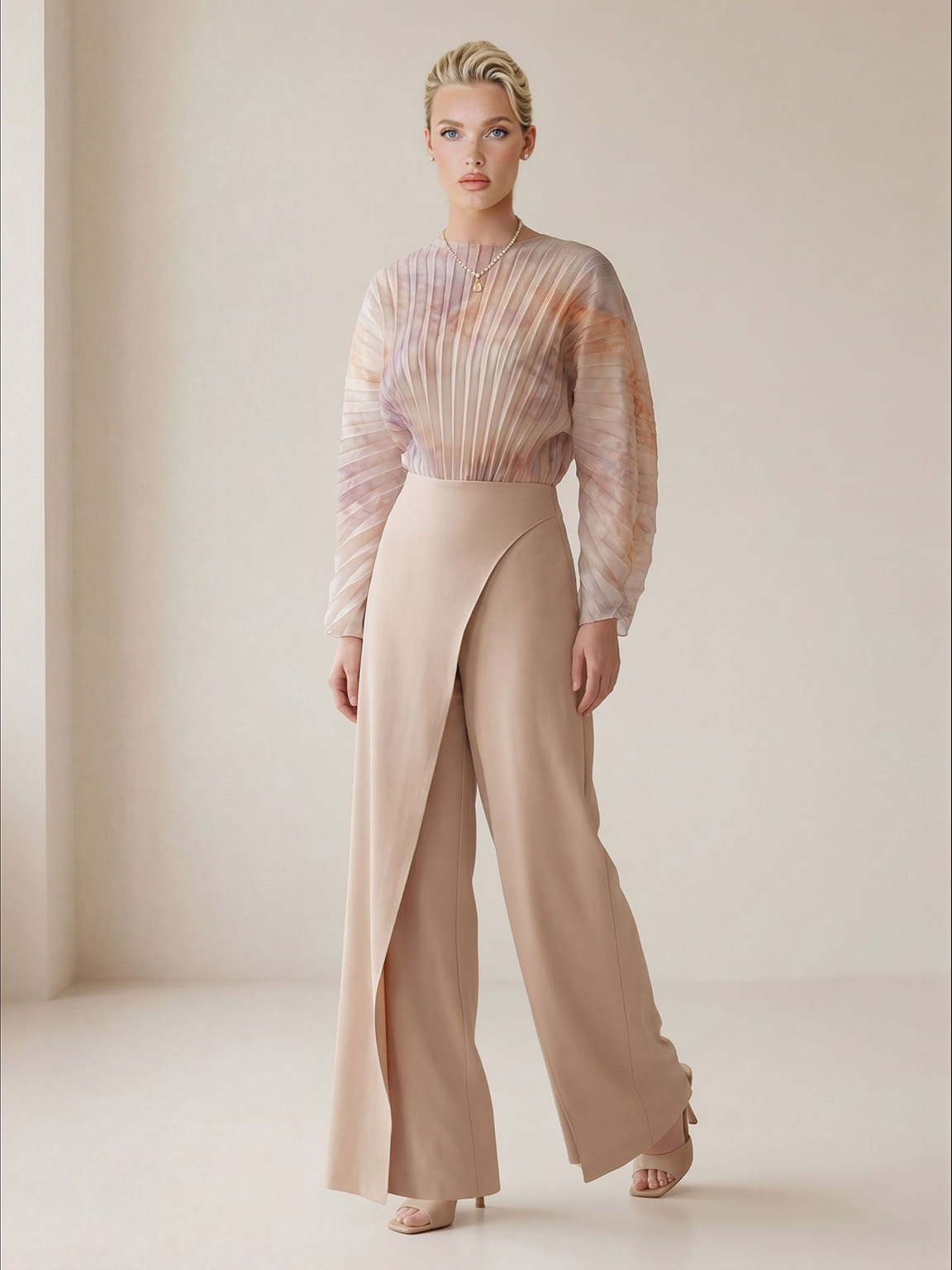 Elegant Pleated Long Sleeve Asymmetrical Wide-Leg Jumpsuit