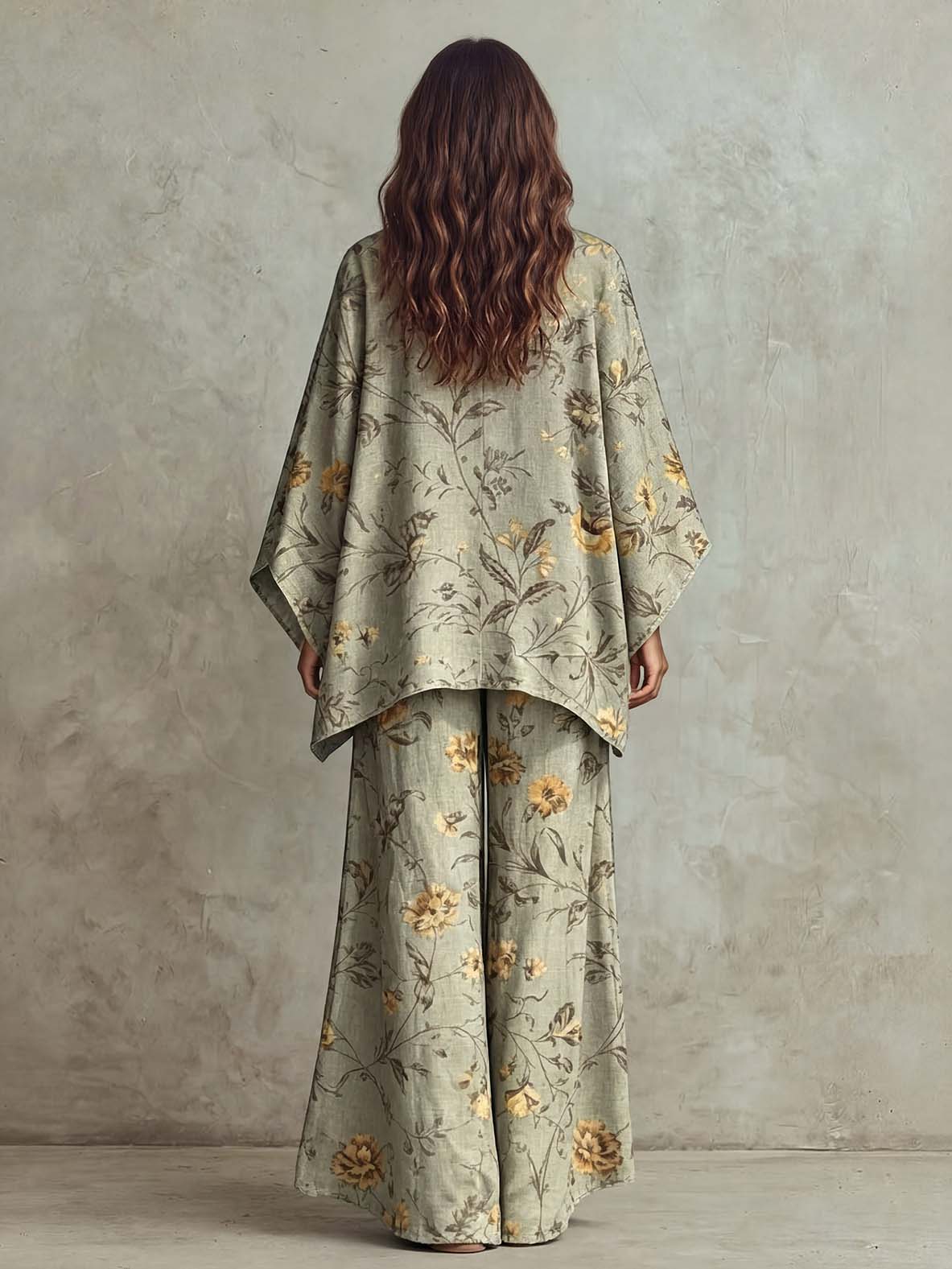 Retro Floral Print Loose Top & Wide-Leg Pants Two-Piece Set