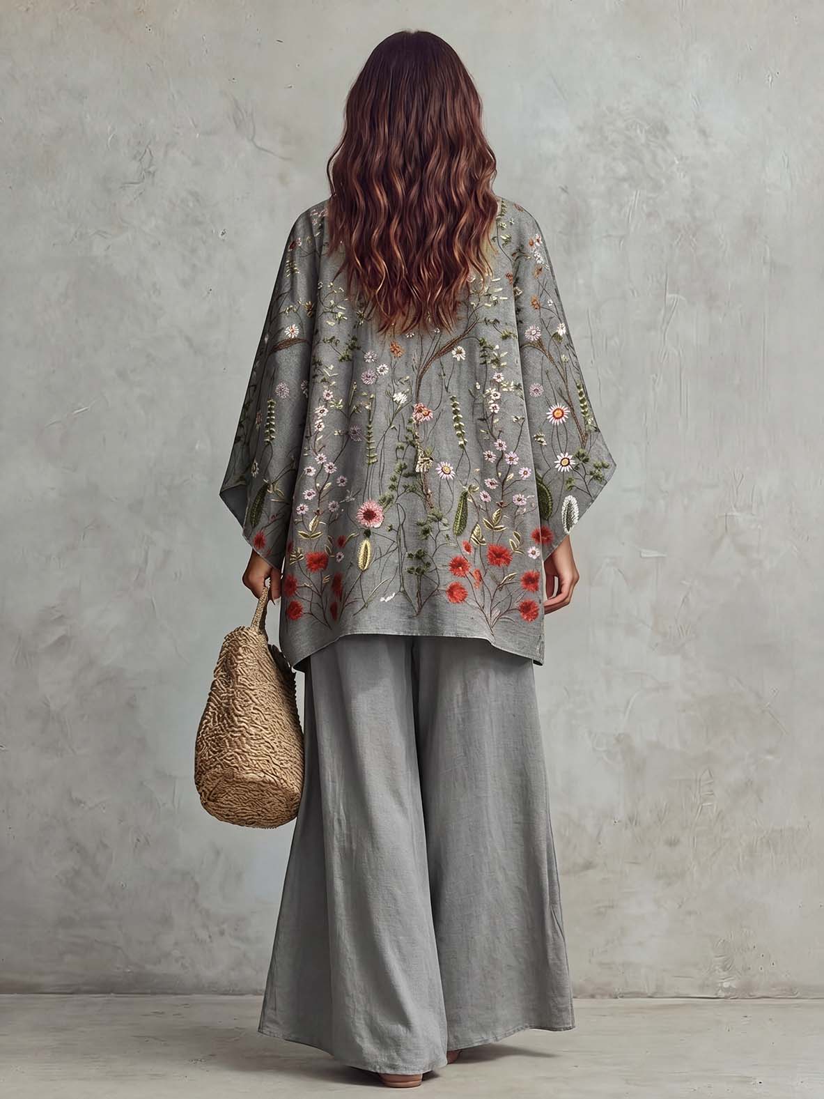 Retro Print Bohemian Batwing Sleeve Shirt & Pants Two-Piece Set