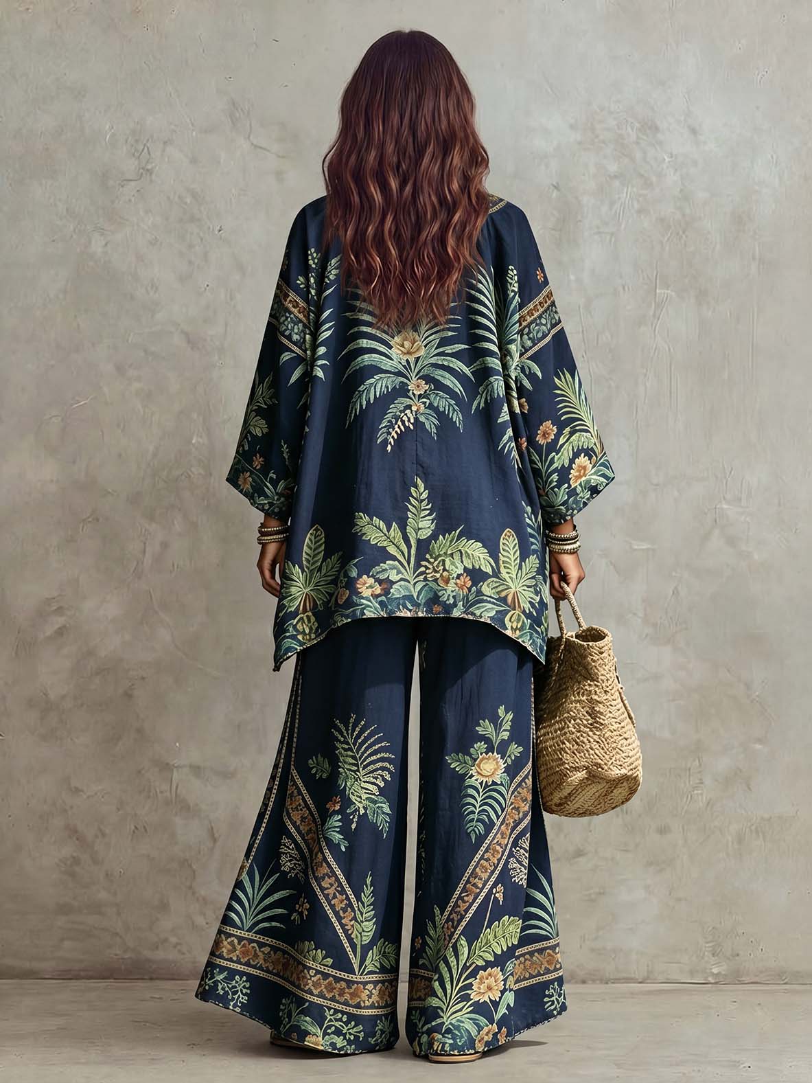 Casual Tropical Plant Print Batwing Sleeve Shirt & Pants Two-Piece Set