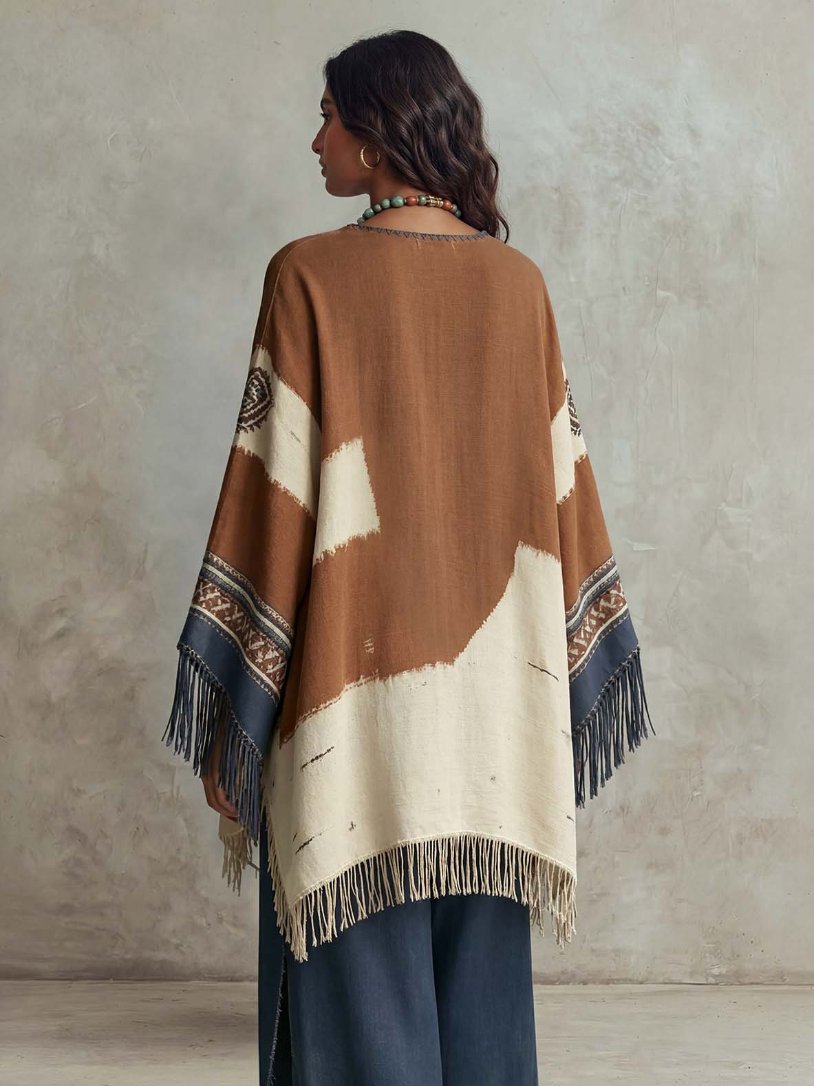 Retro Bohemian Ethnic Print Tassel Shawl Top Two-Piece Set