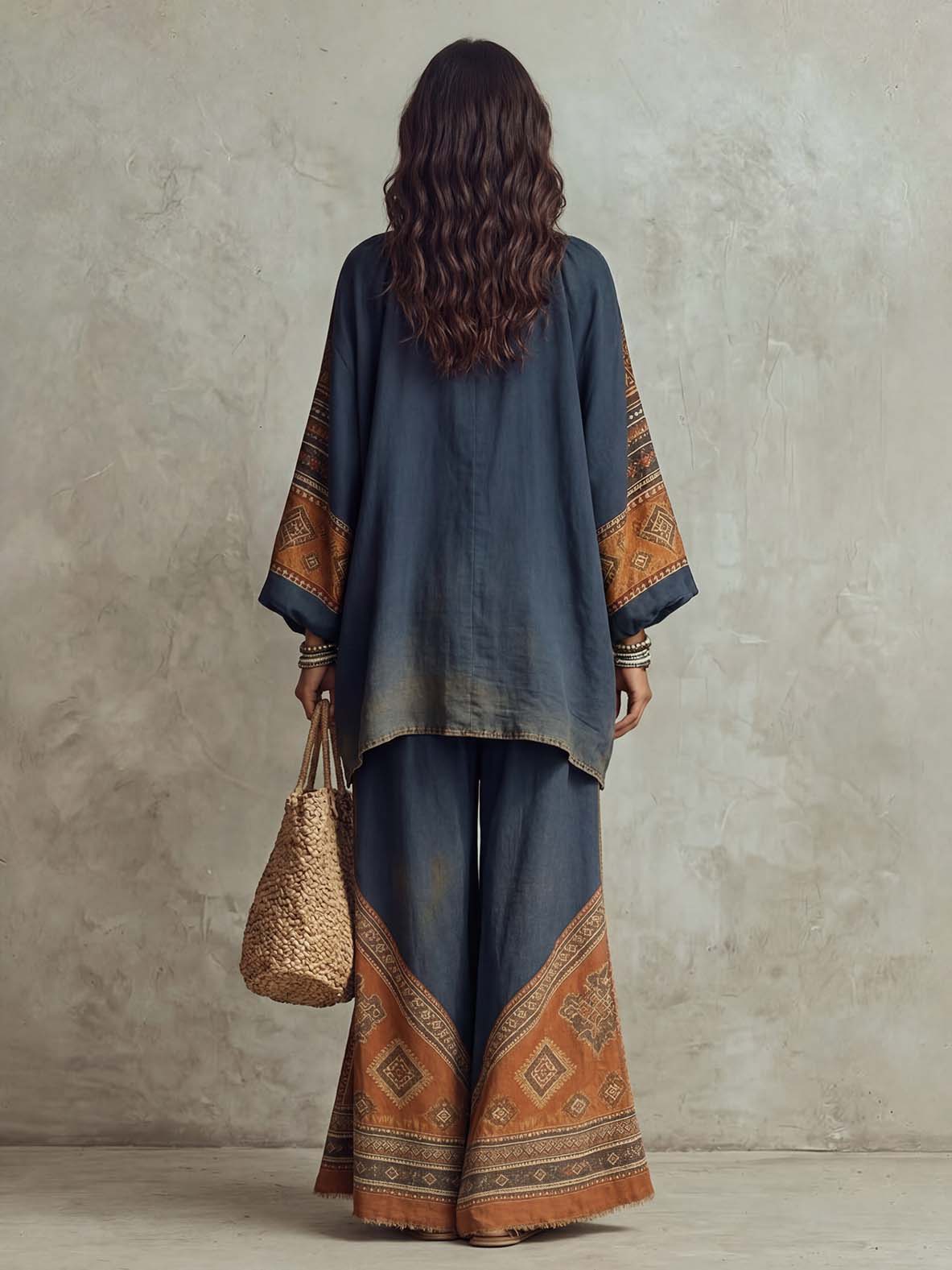 Retro Washed Ethnic Print Batwing Sleeve Two-Piece Set