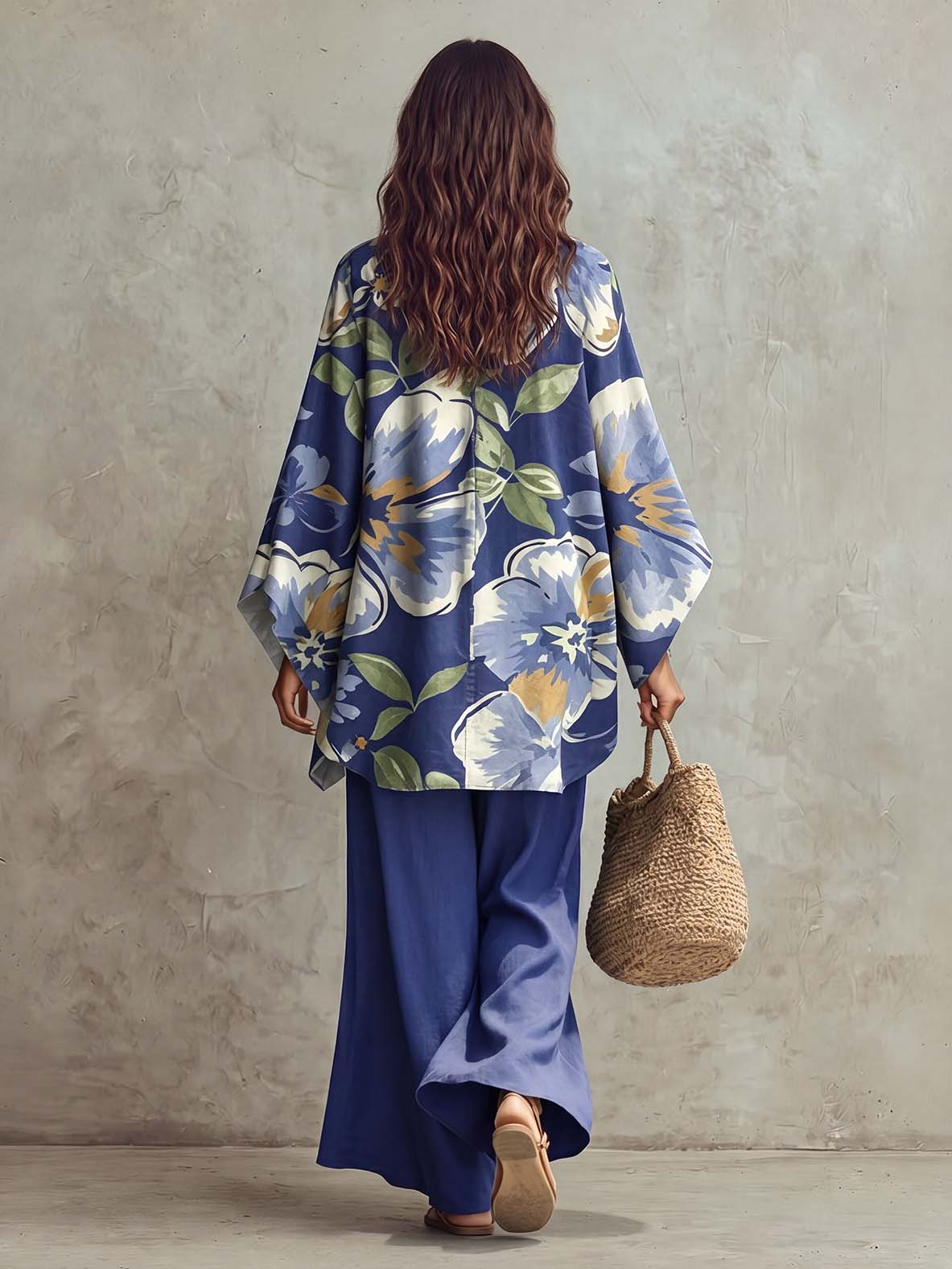 Casual Floral Print Batwing Sleeve Shirt & Pants Two-Piece Set